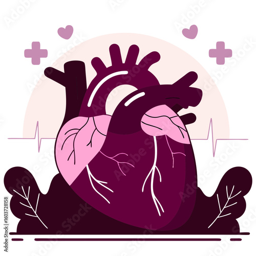 Human heart illustration with cross symbols and ECG line