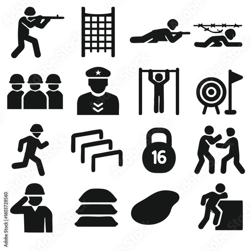 A vector illustration depicting various military training exercises and activities, showcasing the physical and strategic demands of military service in a minimalist style.