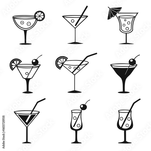 Black cocktail drink icons beverage glass