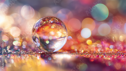 sparkling crystal ball reflecting colorful lights and bokeh 