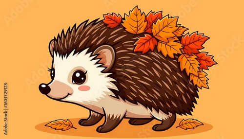 Adorable hedgehog carrying colorful autumn leaves on its back, a charming illustration perfect for autumnal designs