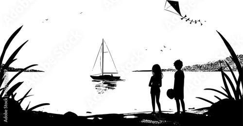 a black and white drawing of a beach scene with two people, a kite, and a sailboat