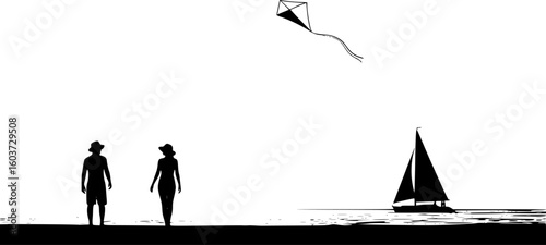 a black and white drawing of a beach scene with two people, a kite, and a sailboat