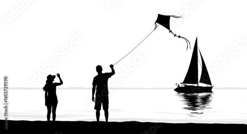 a black and white drawing of a beach scene with two people, a kite, and a sailboat