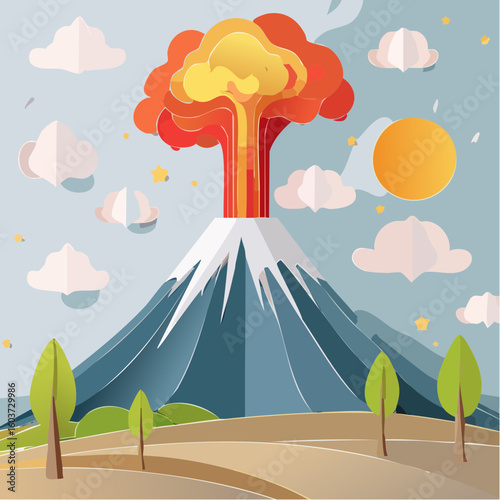 paper craft style vector illustration of erupt volcano