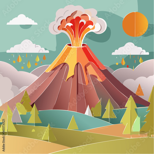 paper craft style vector illustration of erupt volcano