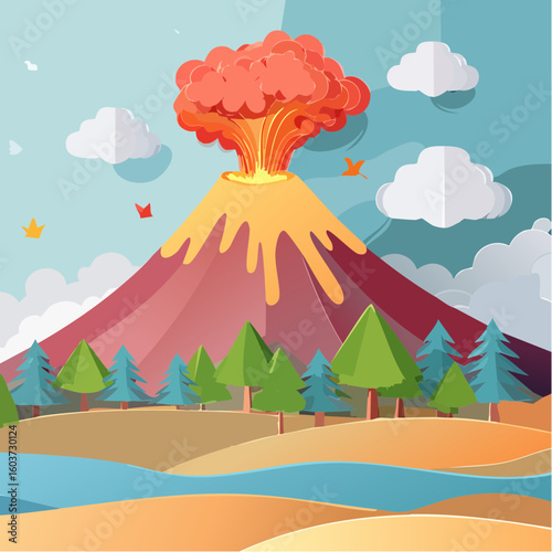 paper craft style vector illustration of erupt volcano