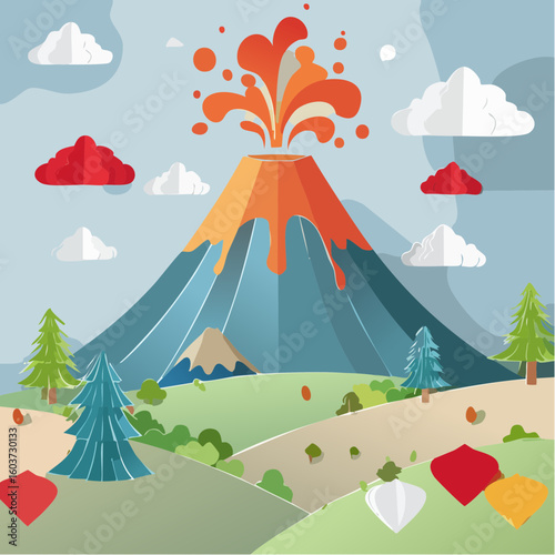 paper craft style vector illustration of erupt volcano