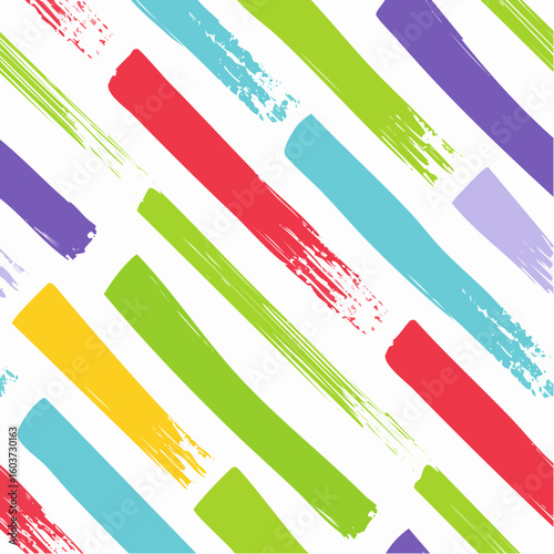 Grunge thick brush strokes seamless pattern. Multi colored diagonal bold strokes background. Modern vector ornament with rough rectangle shapes.