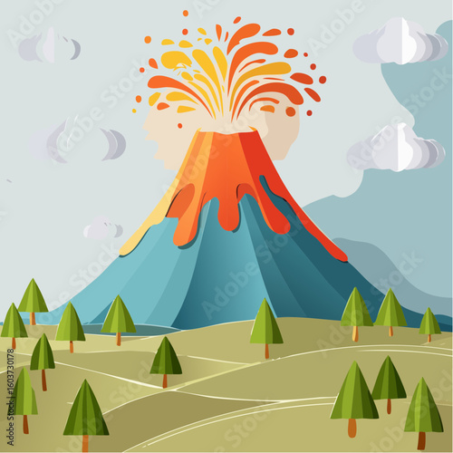 paper craft style vector illustration of erupt volcano