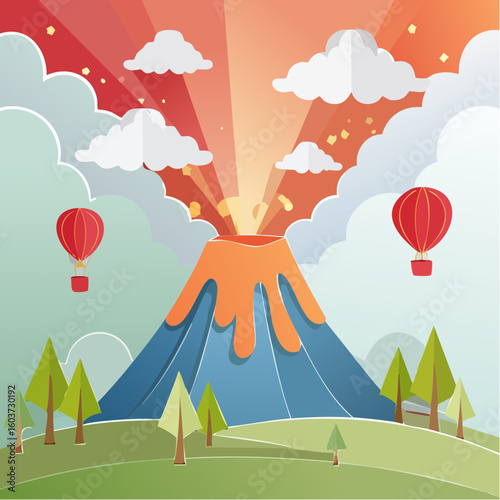 paper craft style vector illustration of erupt volcano