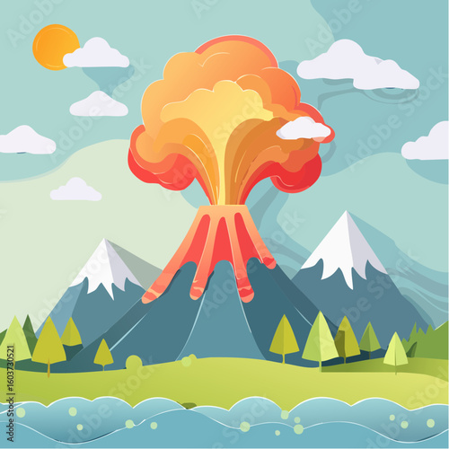 paper craft style vector illustration of erupt volcano
