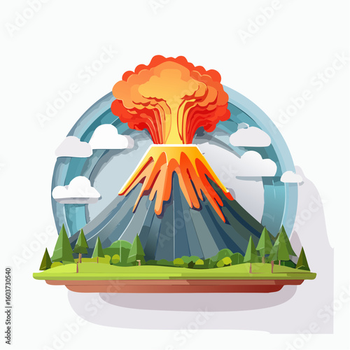 paper craft style vector illustration of erupt volcano