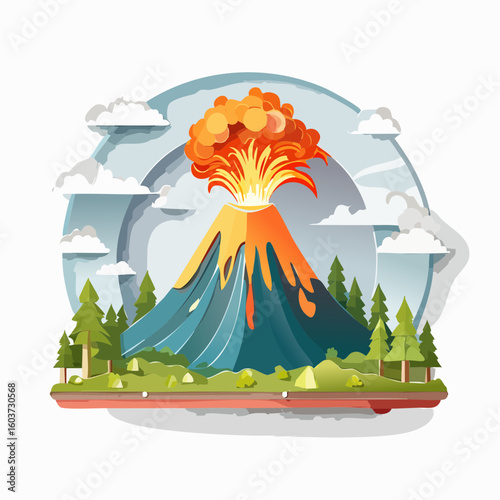 paper craft style vector illustration of erupt volcano