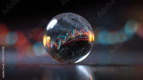 Stock market chart in a crystal ball, illustration, mystery dark background, light reflections and effects, created with generative AI technology -