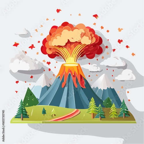 paper craft style vector illustration of erupt volcano
