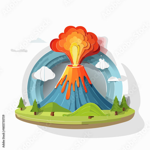 paper craft style vector illustration of erupt volcano