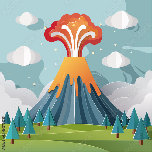 paper craft style vector illustration of erupt volcano