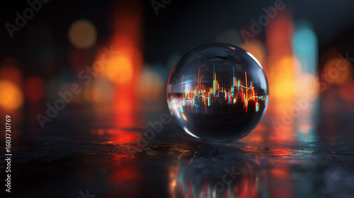 Stock market chart in a crystal ball, illustration, mystery dark background, light reflections and effects, created with generative AI technology -