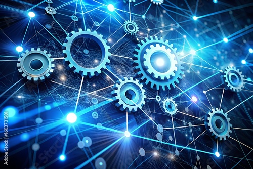 Photo of a blue network of interconnected gears and nodes representing technology