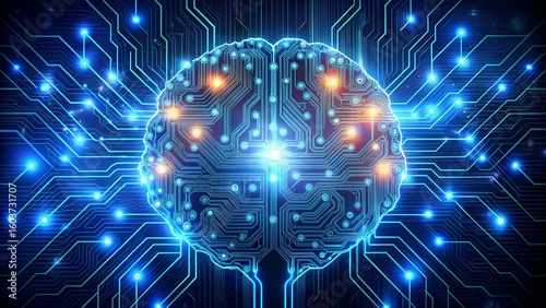 Photo of a glowing blue brain with circuit patterns on a dark background