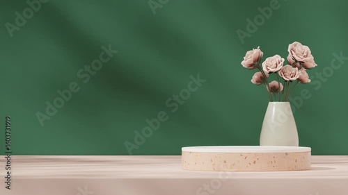 looping seamless shadow animation with green vase with pink rose bouquet, 3d video render blank mockup of white and terrazzo texture podium
