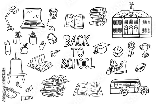 Hand drawn black and white illustration with school supplies, books, bus, and Back to School text in the center. This vector represents education, knowledge, and academic preparation.