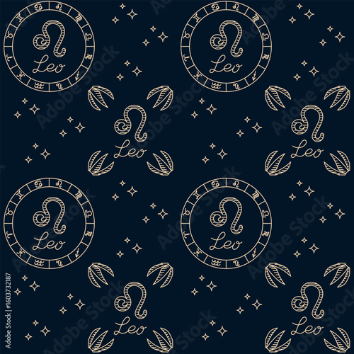 Seamless zodiac pattern with Leo symbol, constellations, and astrological circle on a dark background. This vector represents astrology, horoscope, and cosmic energy