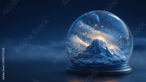 Surreal Snow Globe with Glowing Mountain and Stars 