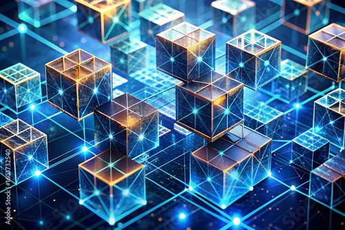Photo of interconnected cubes glowing with blue light represent data and digital networks