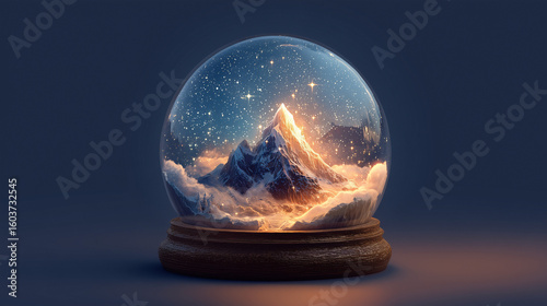 Surreal Snow Globe with Glowing Mountain and Stars 