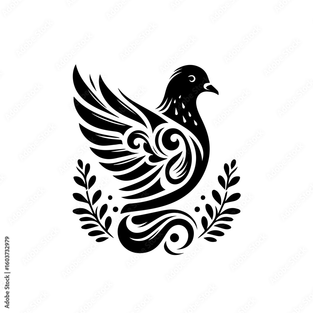 Obraz premium Stylized Black Dove with Laurel Wreath.