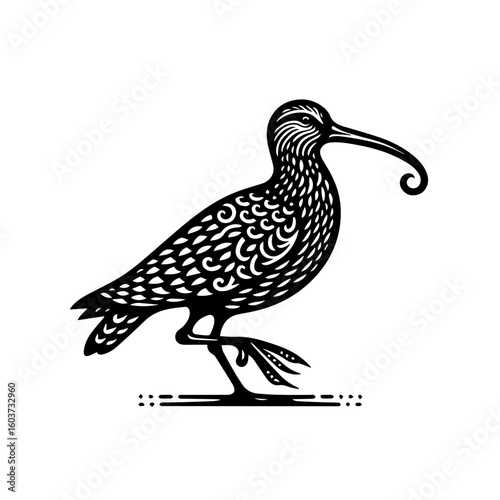 Stylized Black Curlew Bird Silhouette with Intricate Patterns.