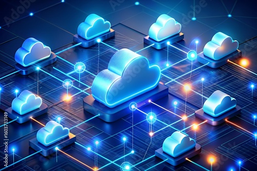 Photo of digital cloud computing network with interconnected nodes and glowing lines