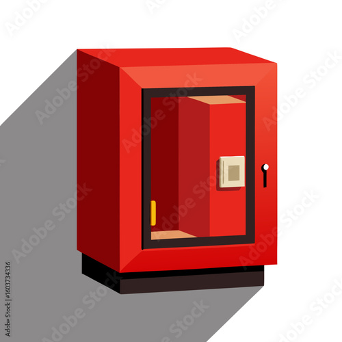 Red emergency fire hose cabinet with glass door and keyhole illustration
