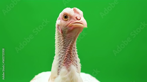 White domestic turkey head and neck close-up on vibrant green screen background, looking at camera
