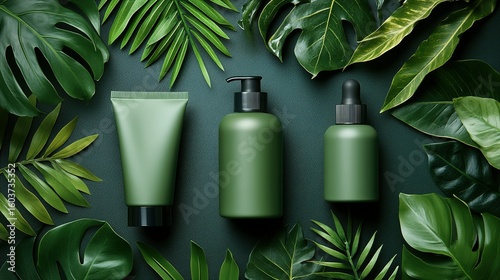 Verdant cosmetic products arranged amongst lush foliage.