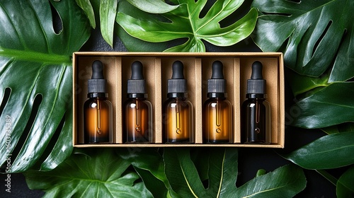 Brown glass bottles with droppers in a cardboard box surrounded by tropical leaves.
