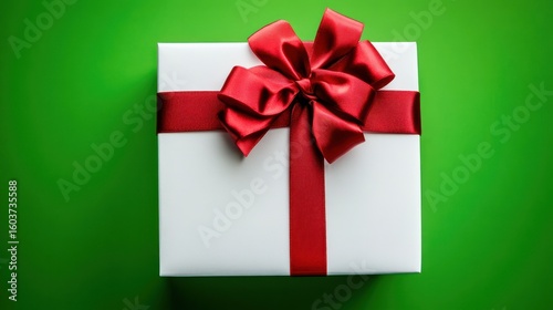 Bright Still Life of a Beautiful White Gift Box with a Red Ribbon and Bow, Perfect for Christmas, Birthdays