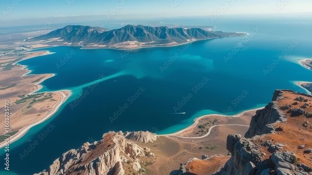 An expansive aerial view of a vast blue lake surrounded by rugged mountains and arid landscapes An expansive aerial view of a vast blue lake surrounded by rugged mountains and arid landscapes
