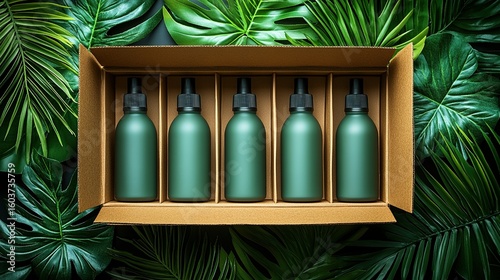 Dark green bottles nestled in a cardboard box amongst lush green foliage.