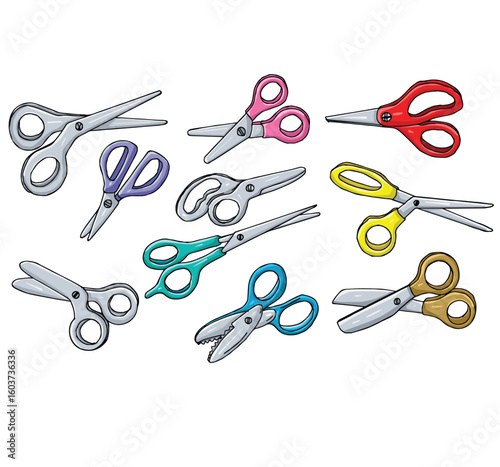Cute cartoon hand drawn vector metal scissors with multicolored handles school supplies needlework items clipart.