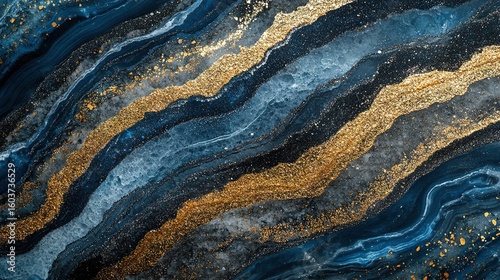 Abstract design with flowing blues and gold glitter.