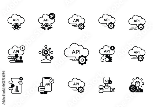 Application Programming Interface Cloud Icons Vector Set for Modern Software Integration and Connectivity Solutions