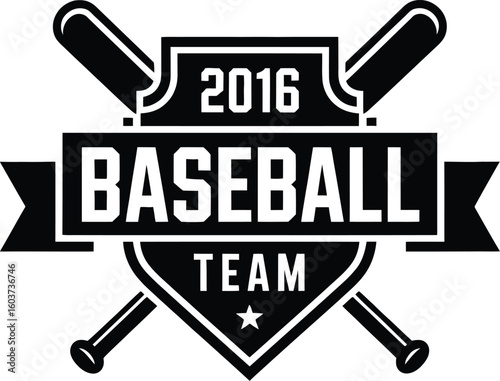 Black and White Baseball Team Logo with Crossed Bats and Shield Featuring the Year 2016 Perfect for Sports Teams and Graphic Design Projects Vector Illustration