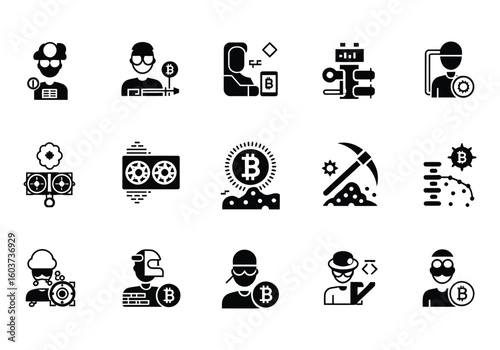 Bitcoin Mining and Cryptocurrency Icons Set Depicting Blockchain Technology and Digital Assets with Various Miner Characters