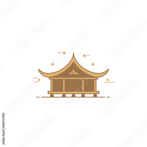 A minimalist flat design vector illustration depicting a traditional Asian building with a distinctive curved roof, isolated on a clean white background.