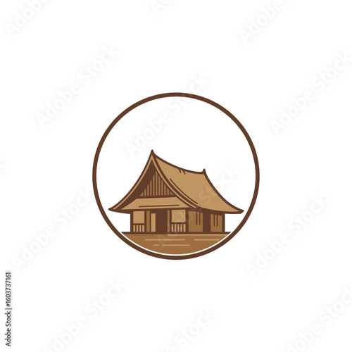 A charming brown illustration of a traditional Asian house with a distinctive curved roof, framed within a simple circular border, perfect for cultural or real estate branding.