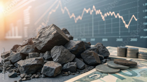 Currency fluctuation on commodities. Rock money coin banknote finance investment market fluctuation commodity economic uncertainty