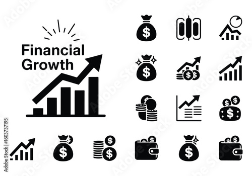 Black and White Business Icon Set Depicting Financial Growth and Investment Opportunities for Success